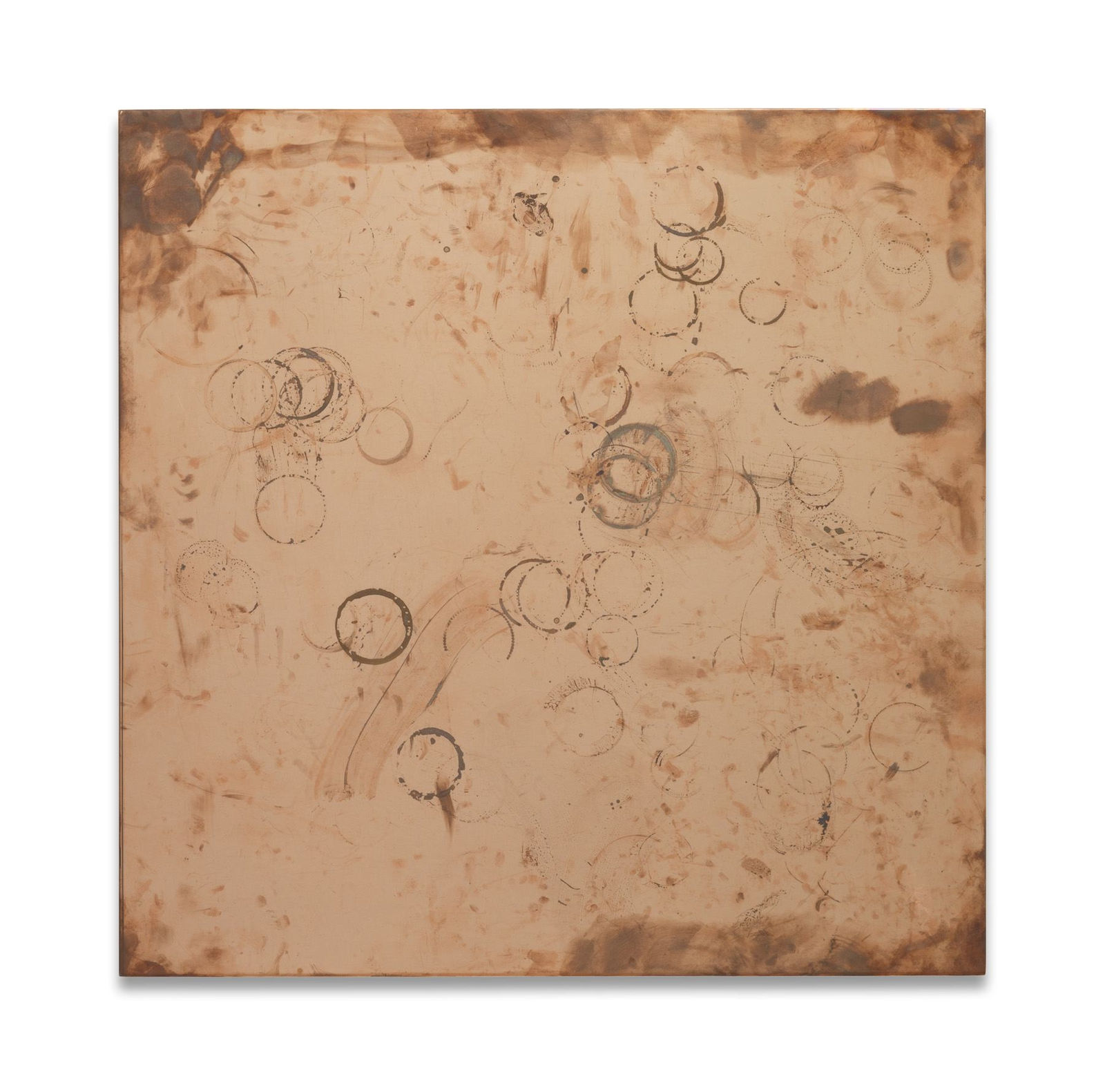 Walead Beshty, Table [Source: carrara glass and brass conference room desk designed by Paul McCobb for Calvin Furniture Company from the presentation room at Capitain Petzel, Karl-Marx-Allee 45, Berlin, Germany. Surrogate: WB98114 (produced in conjunction with Friedrich Petzel, Owner; Gisela Capitain, Owner; Michael Wiesehöfer, Director; Svenja Schuhbauer, Associate Director; Kathleen Knitter, Gallery Manager; Eloisa Travaglini, Intern; Dylan Peirce, Technician; Hervé Humbert, Technician), Copper Surrogate (Table: designed by Paul McCobb for Calvin Furniture Company), conceived in 2013, produced in 2014, made of polished copper and powder-coated steel with the dimensions 32 31⁄64 x 32 31⁄64 x 16 7/64 inches as a singular object. Production completed by Benchmark Scenery Incorporated, Glendale, California from 48 ounce Electrolytic-Tough-Pitch C11000 Copper Alloy cut from 60 x 120 inch mirror-polished sheet and 24 ounce Electrolytic-Tough-Pitch C11000 Copper Alloy cut from 60 x 120 inch mirror-polished sheet, with formed corners where necessary, copper plated hardware, perimeter edge French cleat system, and separate black powder-coated steel support structures. $9,447.41 production cost including travel and storage crates with floating lockable cleat system. Unexposed surrogates shipped by Los Angeles Packing, Crating and Transport, Incorporated from Los Angeles to Berlin, August 28 through September 10, 2014. Installed in place of Paul McCobb table in the presentation room at Capitain Petzel, Karl-Marx-Allee 45, Berlin, Germany, on September 11, 2014, and exposed through November 3, 2014. Table has one base surrogate with the dimensions 31 37/64 x 31 29/64 x 14 39/64 inches.], 2014