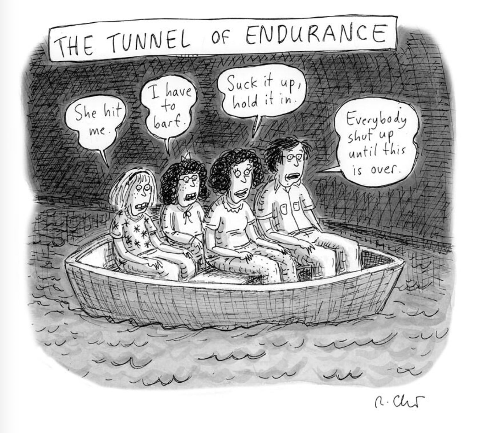 Four people ride in a small boat in a dark tunnel.
