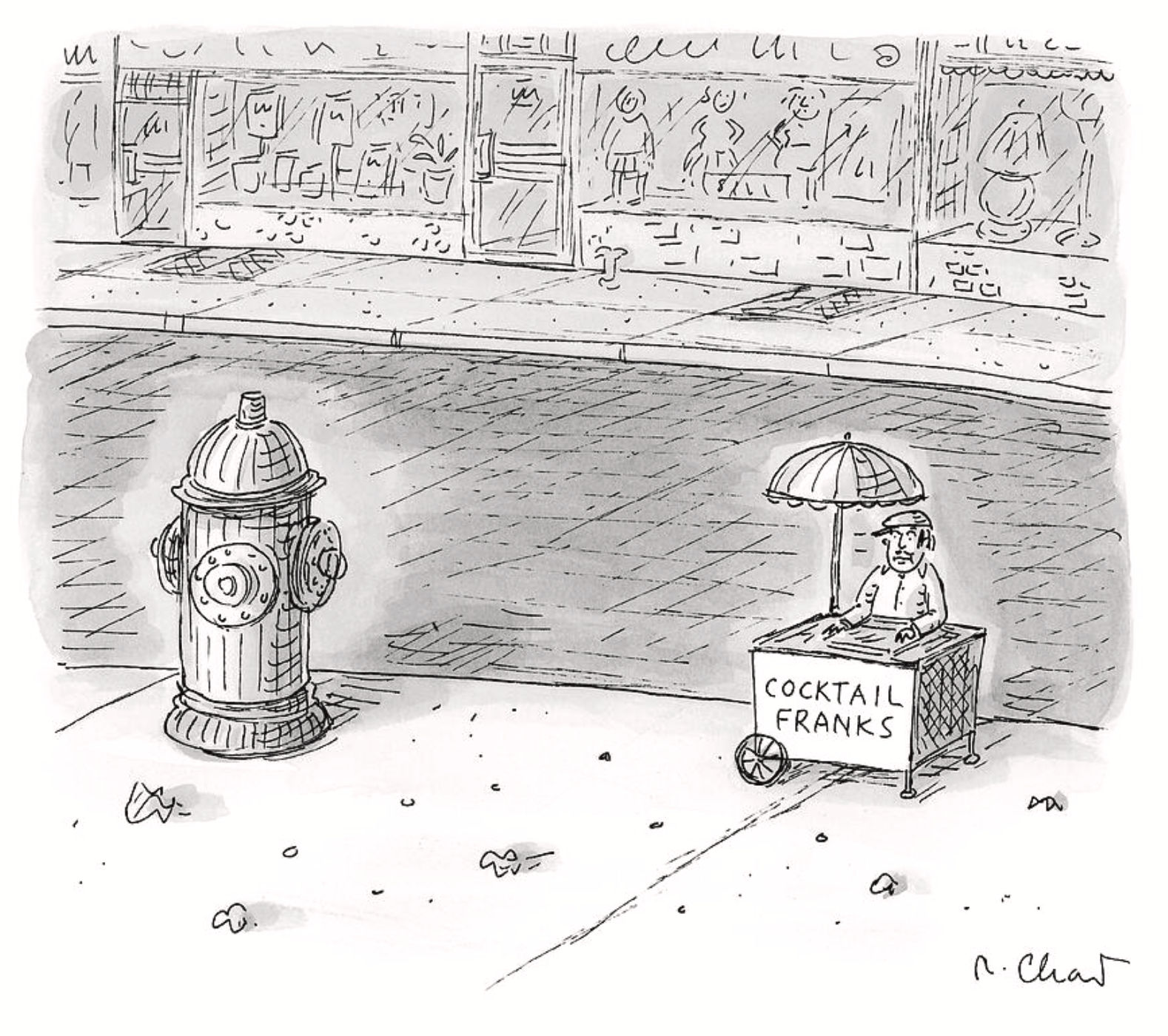 A tiny cart on the sidewalk sells cocktail franks next to a fire hydrant.