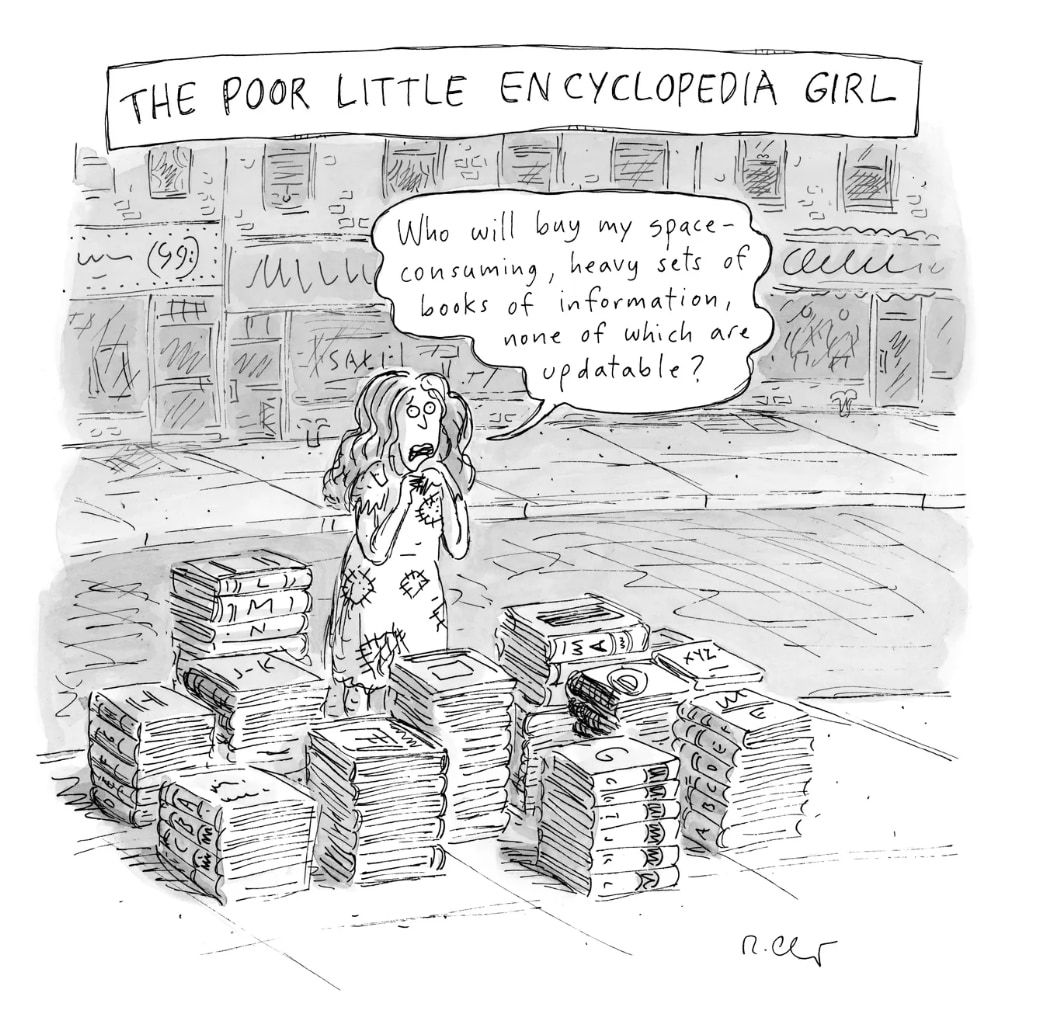 A girl stands on the street, surrounded by her encyclopedia volumes.