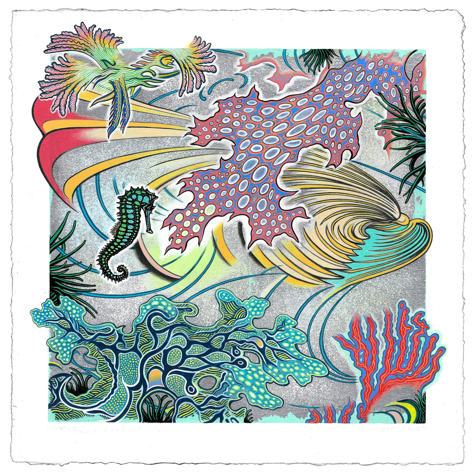 seahorse and swirling sea plants