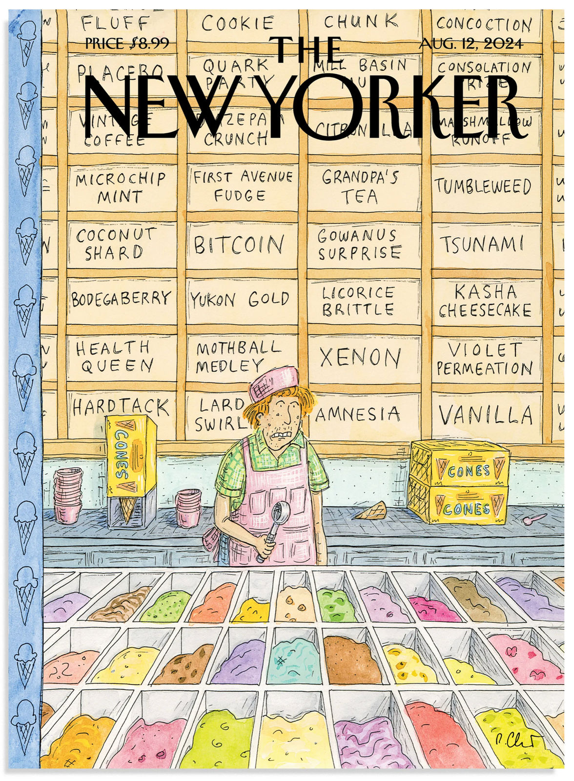 Man stand behind ice cream bins. Signs of strange flavors behind him