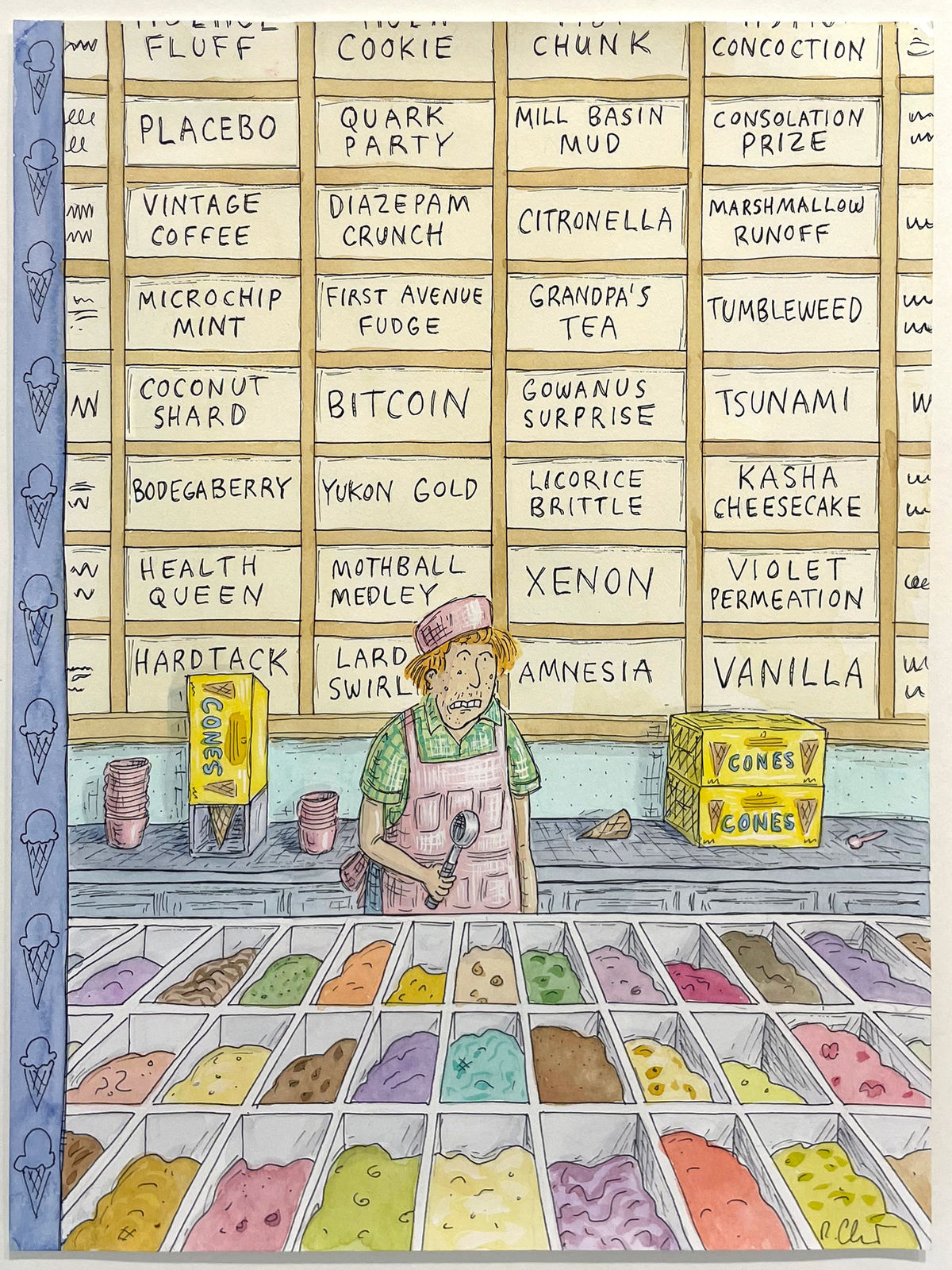 Man stand behind ice cream bins. Signs of strange flavors behind him