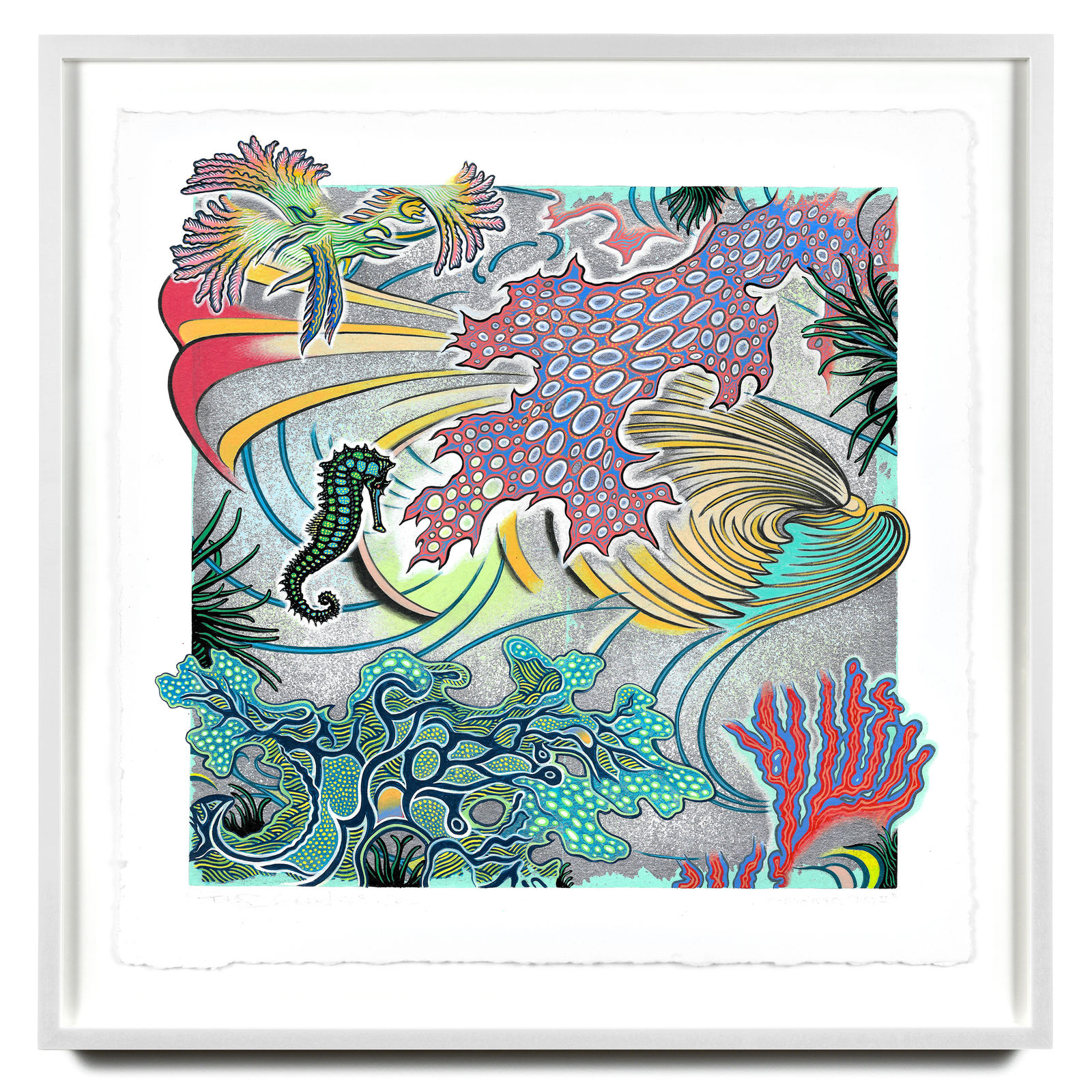 seahorse and swirling sea plants