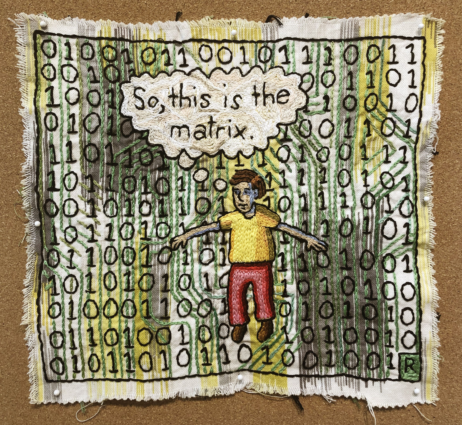 Roz Chast So, This is the Matrix, 2021 hand embroidery 11 x 11.75 inches (CHAST 328)
