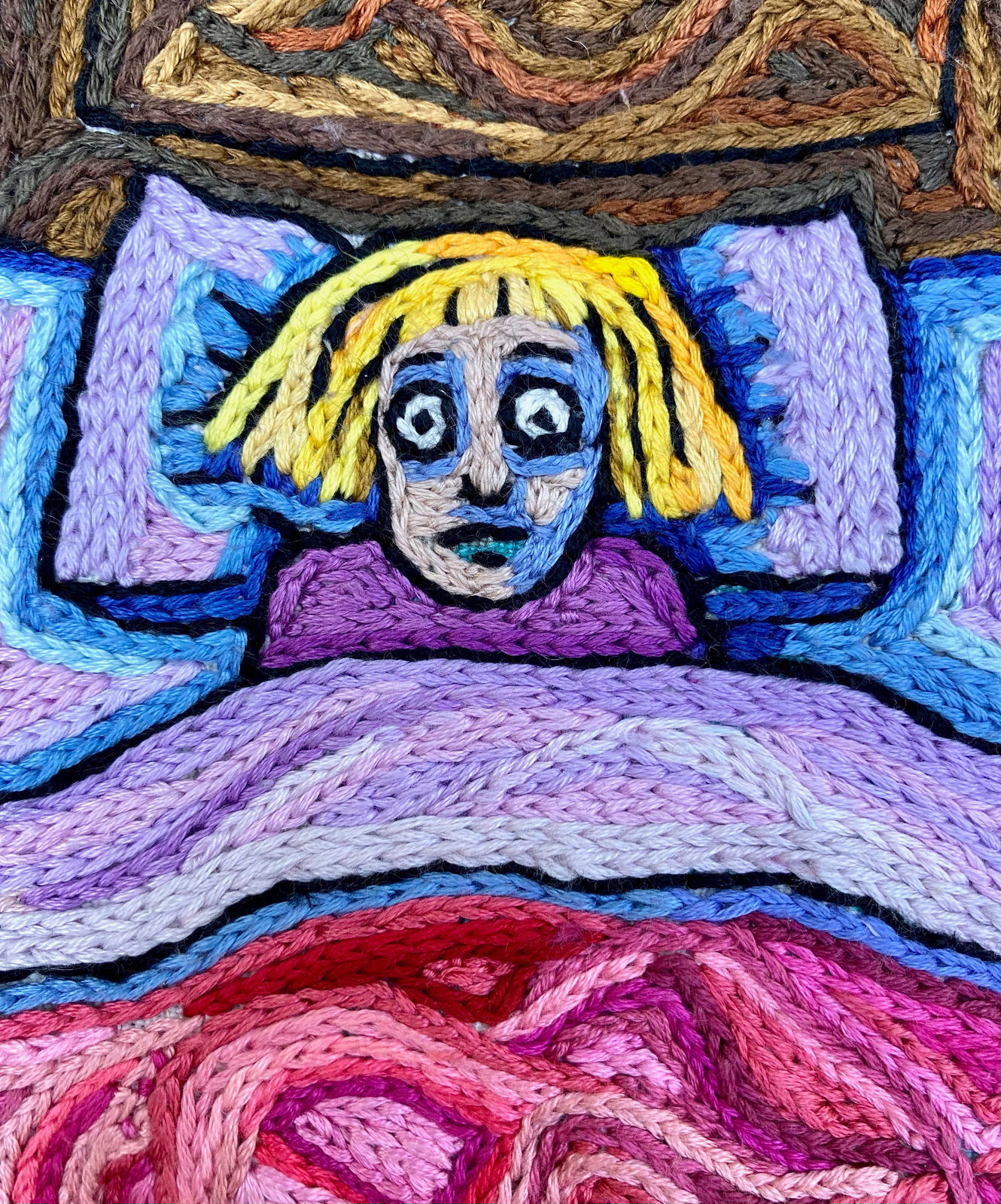 detail of Roz Chast Insomnia, 2021 hand embroidery 12.5 x 12.5 inches (CHAST 334)