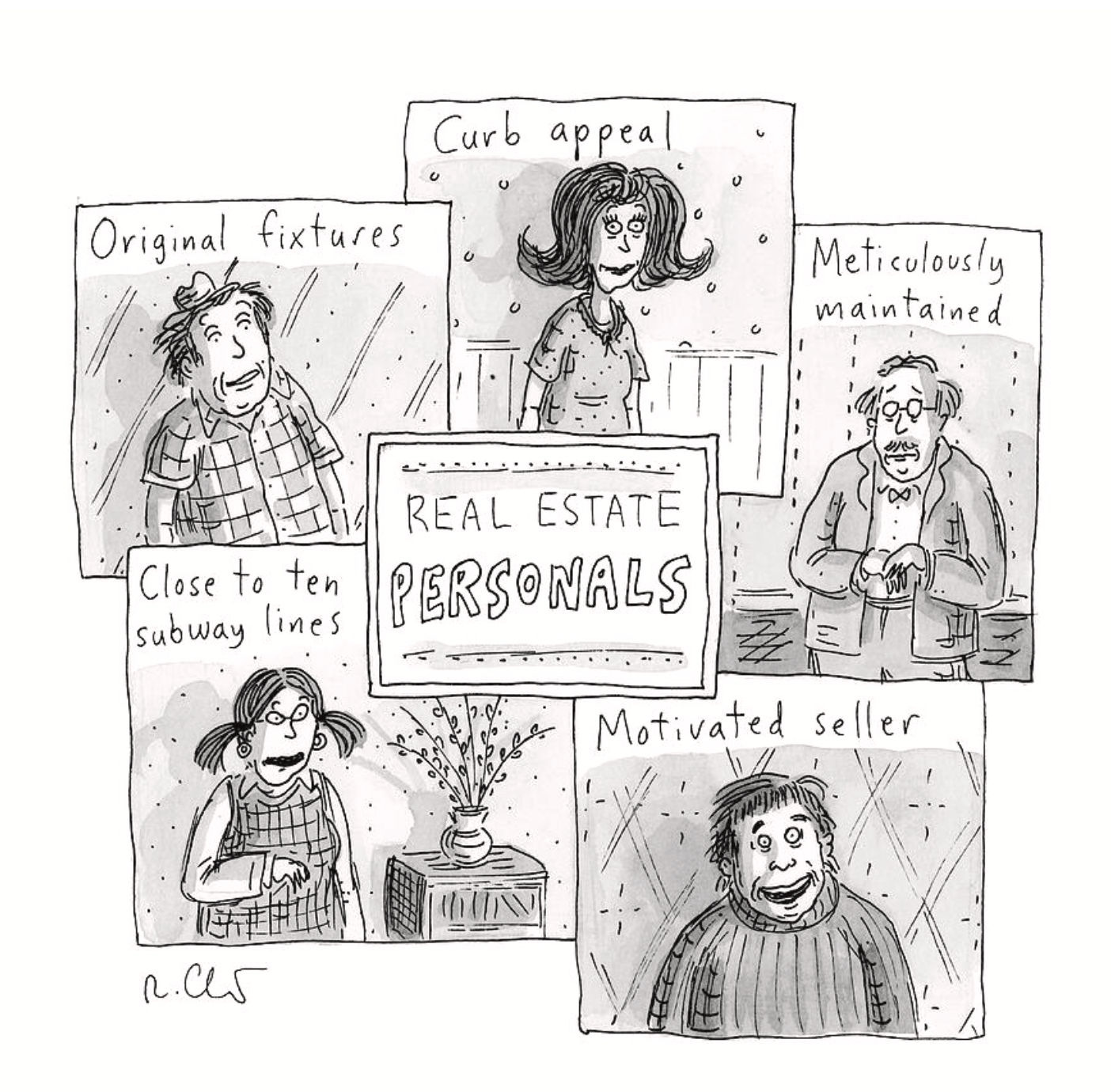 Five people with a real estate sales descriptor: “Original fixtures,” “curb appeal,” “meticulously maintained,” “motivated seller,” “close to ten subway lines”.