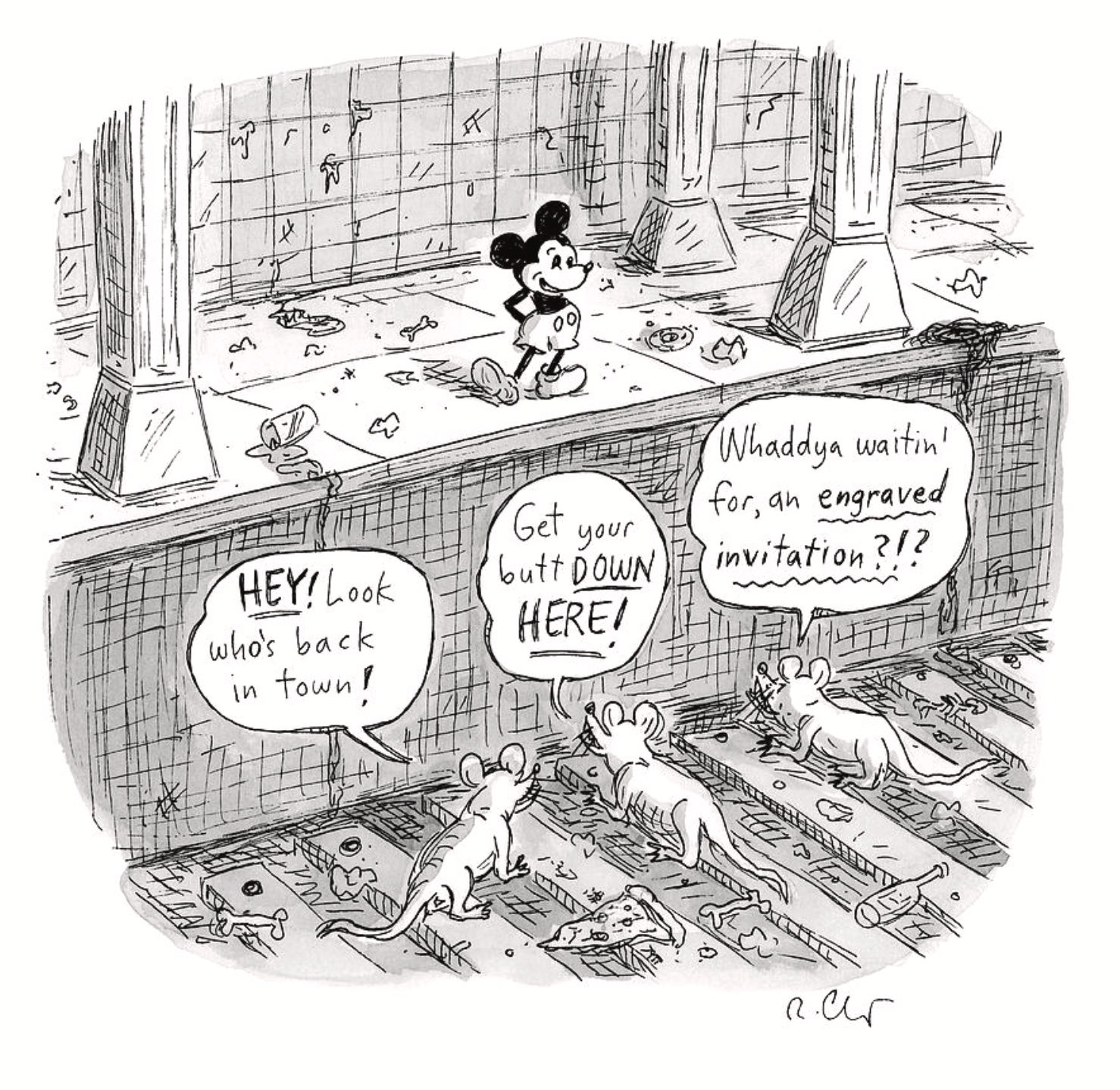 Mickey Mouse stands on subway platform while three rats shout at him from tracks, 