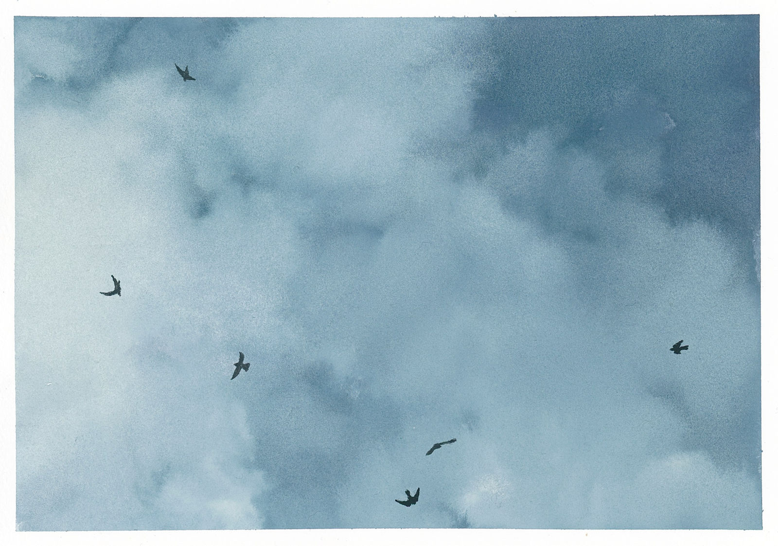 watercolor of sky with birds silhouetted against the clouds