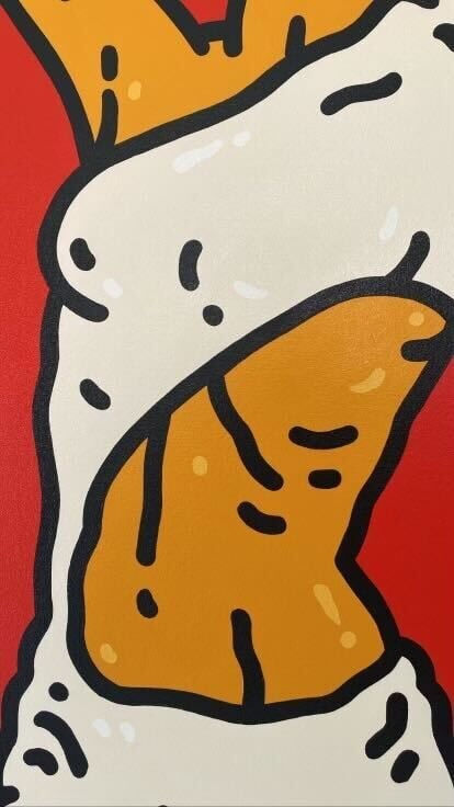 Detail photo of “Just Because She Can”, painting by Chance Cooper artist from United States, based in LA. Available at Carousel Fine Art Miami. The artist's technique with oil on canvas celebrates the sacred art of storytelling, with each painting evoking the sense of a page torn from one’s life. His work is recognized as a playground where his characters reveal their existential secrets. Colors of this work : Red, Orange, Yellow, Beige, Black, Green, Grey, White