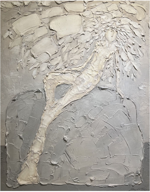 “Brise De Blanc”, sculptural painting by Sylvain Tremblay artist from Quebec, Canada, based in Dubai. Available at Carousel Fine Art Miami. The artist's technique involves mastering texture in painting, using modeling paste, acrylic, and sculptural elements with a glossy varnish. His works are infused with the essence of nature and humanity, showcasing his mastery of texture and form. Colors of this work : Grey, White