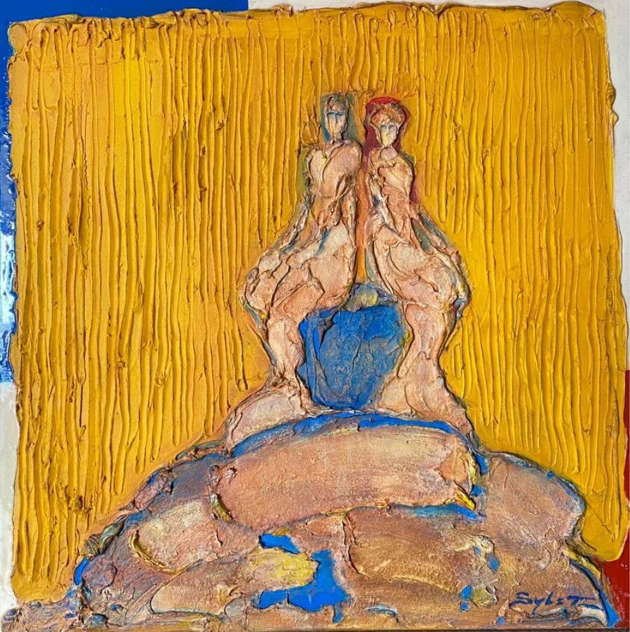 “Deux Bruises”, sculptural painting by Sylvain Tremblay artist from Quebec, Canada, based in Dubai. Available at Carousel Fine Art Miami. The artist's technique involves mastering texture in painting, using modeling paste, acrylic, and sculptural elements with a glossy varnish. His works are infused with the essence of nature and humanity, showcasing his mastery of texture and form. Colors of this work : Orange, Brown, Blue, Red