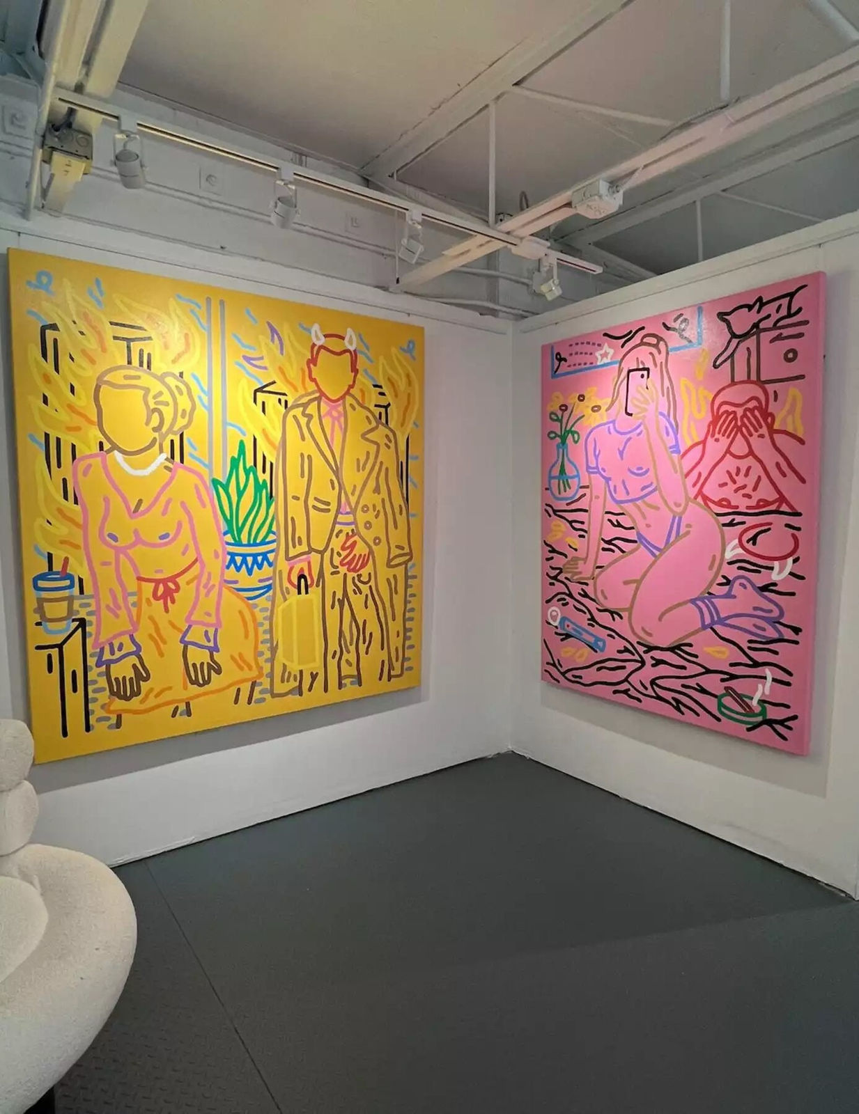 Detail photo of “Poor Devil Isn't Horny” , painting by Chance Cooper artist from United States, based in LA. Available at Carousel Fine Art Miami. The artist's technique with oil on canvas celebrates the sacred art of storytelling, with each painting evoking the sense of a page torn from one’s life. His work is recognized as a playground where his characters reveal their existential secrets. Colors of this work : Blue, Green, Purple, Pink, Red, Yellow, Brown, Black, White