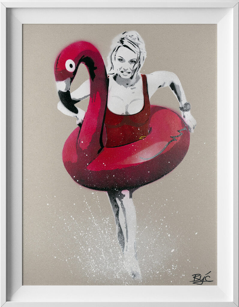 “BAYWATCH”, mixed media work on recycled card stock by BYC artist, from Switzerland. Available at Carousel Fine Art Chicago..