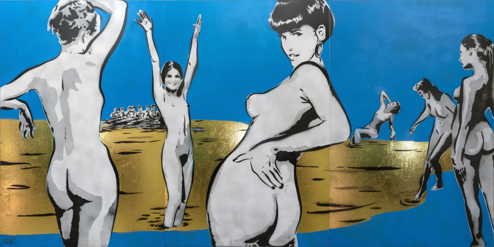 “Les Baigneuses et l’Aviron”, mixed media work on recycled card stock by BYC artist, from Switzerland. Available at Carousel Fine Art Miami.