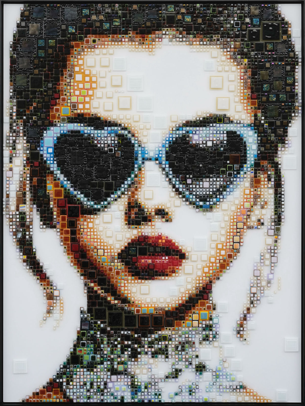 “Vivid Vision”, mixed media work by Isabelle Scheltjens artist from Belgium. Available at Carousel Fine Art Chicago. The artist’s technique involves glass mosaics, creating captivating works from thousands of hand-cut glass shards varying in color, shape, and size. She uses glass to craft beautiful mosaics of female subjects. Developing her own style of portraiture, Isabelle layers colored glass shards through a delicate process that incorporates color theory and glass fusion. Colors of this work : Blue, Green, Red, Beige, Brown, Orange, Purple, Grey, White, Black
