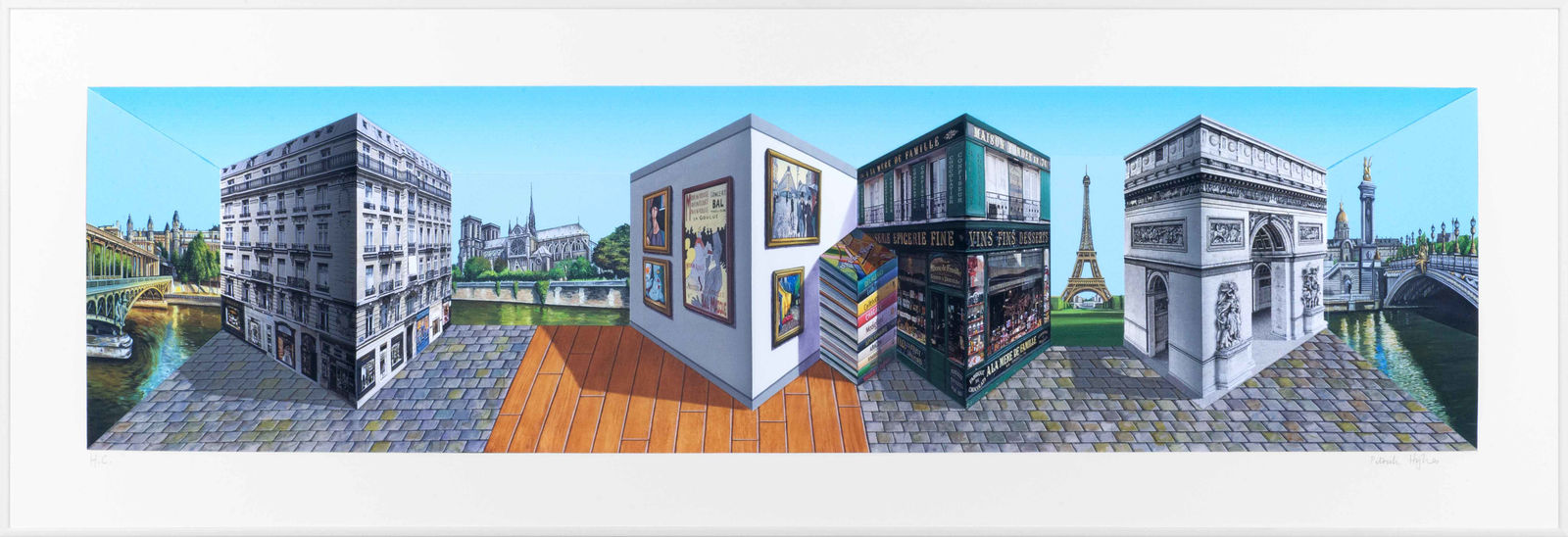 “Paree” is a mind-bending technique that merges painting and sculpture artwork by British artist Patrick Hugues. Available at Carousel Fine Art, Chicago.