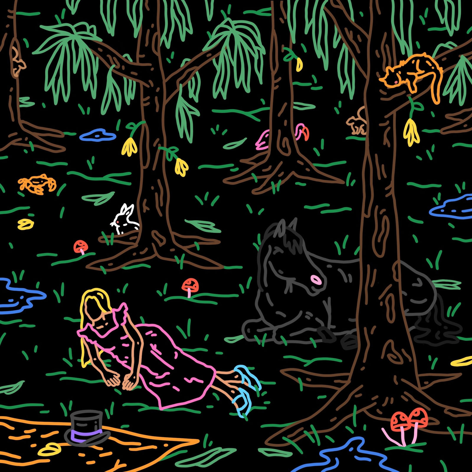 “Waking Up In Wonderland” , painting by Chance Cooper artist from United States, based in LA. Available at Carousel Fine Art Miami. The artist's technique with oil on canvas celebrates the sacred art of storytelling, with each painting evoking the sense of a page torn from one’s life. His work is recognized as a playground where his characters reveal their existential secrets. Colors of this work : Blue, Green, Purple, Pink, Orange, Red, Yellow, Brown, Black, Grey, White