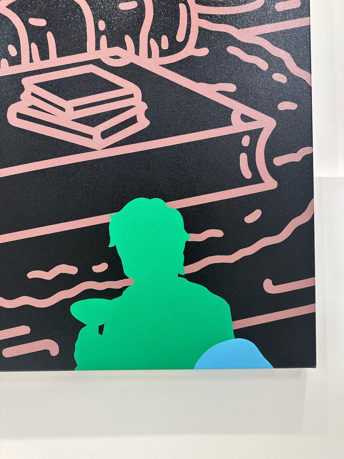 Detail photo of “Better Late Than Never”, painting by Chance Cooper artist from United States, based in LA. Available at Carousel Fine Art Atlanta. The artist's technique with oil on canvas celebrates the sacred art of storytelling, with each painting evoking the sense of a page torn from one’s life. His work is recognized as a playground where his characters reveal their existential secrets. Colors of this work : Blue, Green, Pink, Orange, Yellow, Purple, Brown, Black