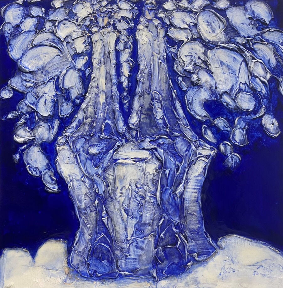 “The Blue Season”, sculptural painting by Sylvain Tremblay artist from Quebec, Canada, based in Dubai. Available at Carousel Fine Art Miami. The artist's technique involves mastering texture in painting, using modeling paste, acrylic, and sculptural elements with a glossy varnish. His works are infused with the essence of nature and humanity, showcasing his mastery of texture and form. Colors of this work : Blue