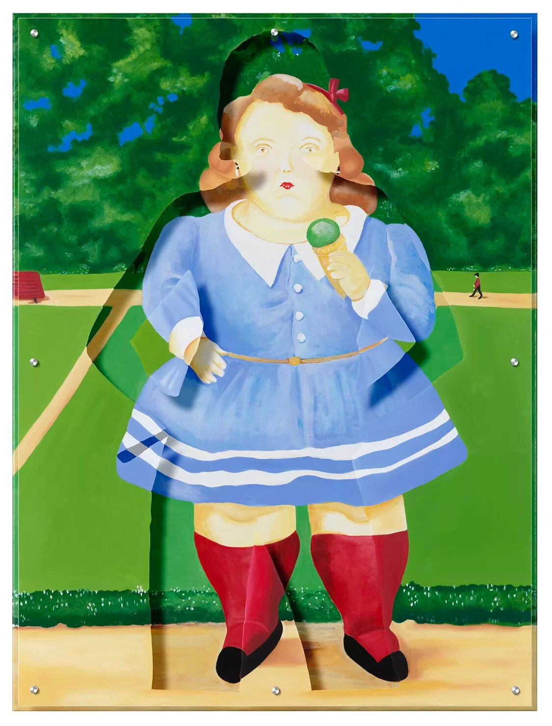 “Tribute Botero”, painting by Caroline Dechamby artist from Holland, based in Switzerland. Available at Carousel Fine Art Atlanta. The artist’s technique transforms oil on canvas to re-assess masterpieces and history, creating both a recognizable autobiographical character and an anonymous silhouette on plexiglass. Colors of this work : Blue, Red, Green, Brown, White, Beige