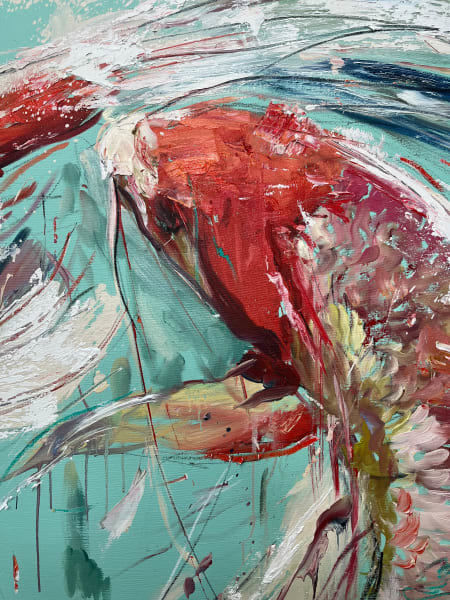 Detail photo of “Love,” painting by Eric Alfaro artist from Cuba, based in the United States. Available at Carousel Fine Art Miami. The artist’s technique transforms acrylic paint with his spatula into unforgettable imagery. His impasto texture captivates, while his use of color and contrast adds striking depth. Colors of this work : Aqua, Blue, Red, Pink, White, Purple, Orange, Yellow, Brown, Grey, Black