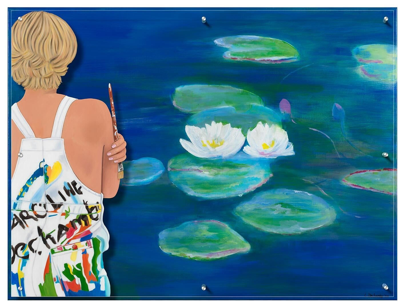 “Nymphae”, painting by Caroline Dechamby artist from Holland, based in Switzerland. Available at Carousel Fine Art Atlanta. The artist’s technique transforms oil on canvas to re-assess masterpieces and history, creating both a recognizable autobiographical character and an anonymous silhouette on plexiglass. Colors of this work : Blue, Red, Yellow, Purple, Black, White, Beige