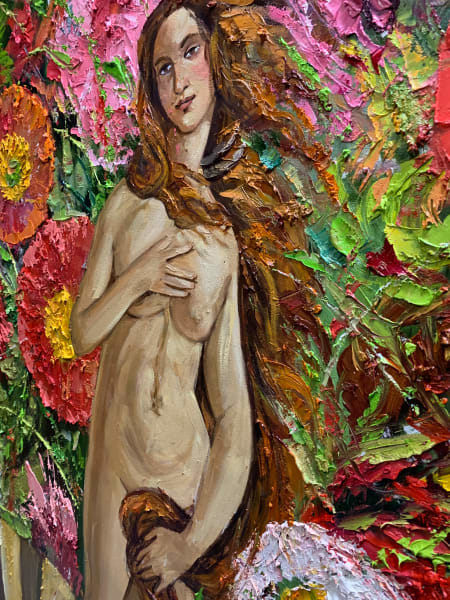 Detail photo of “Venus with flowers,” painting by Eric Alfaro artist from Cuba, based in the United States. Available at Carousel Fine Art Miami. The artist’s technique transforms acrylic paint with his spatula into unforgettable imagery. His impasto texture captivates, while his use of color and contrast adds striking depth. Colors of this work : Red, Magenta, Pink, Green, White, Yellow, Orange, Brown, Beige, Grey, Black