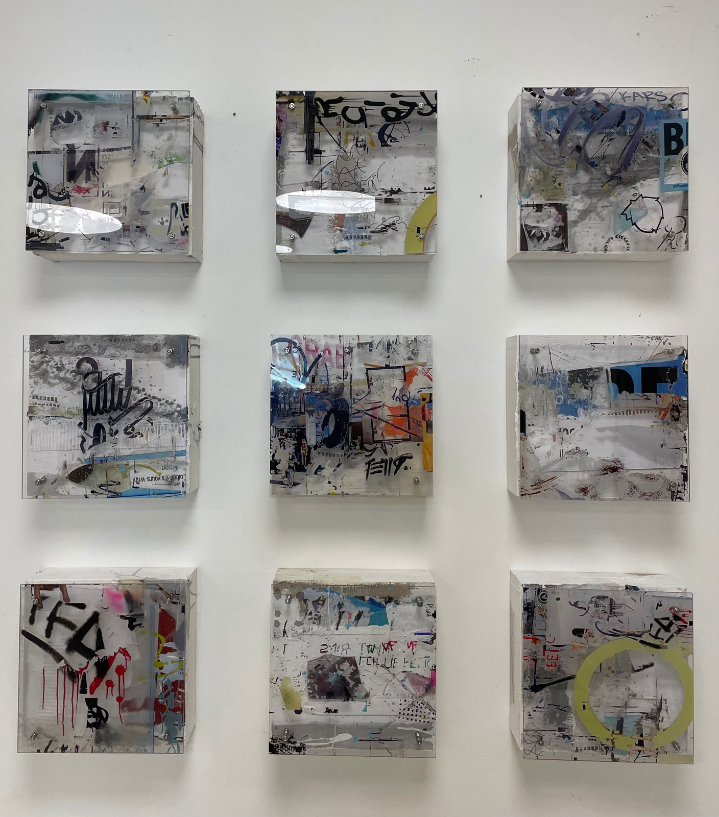 “Installation of 9” mixed media artwork by Gregory Watin, artist from France. Available at Carousel Fine Art, Atlanta.