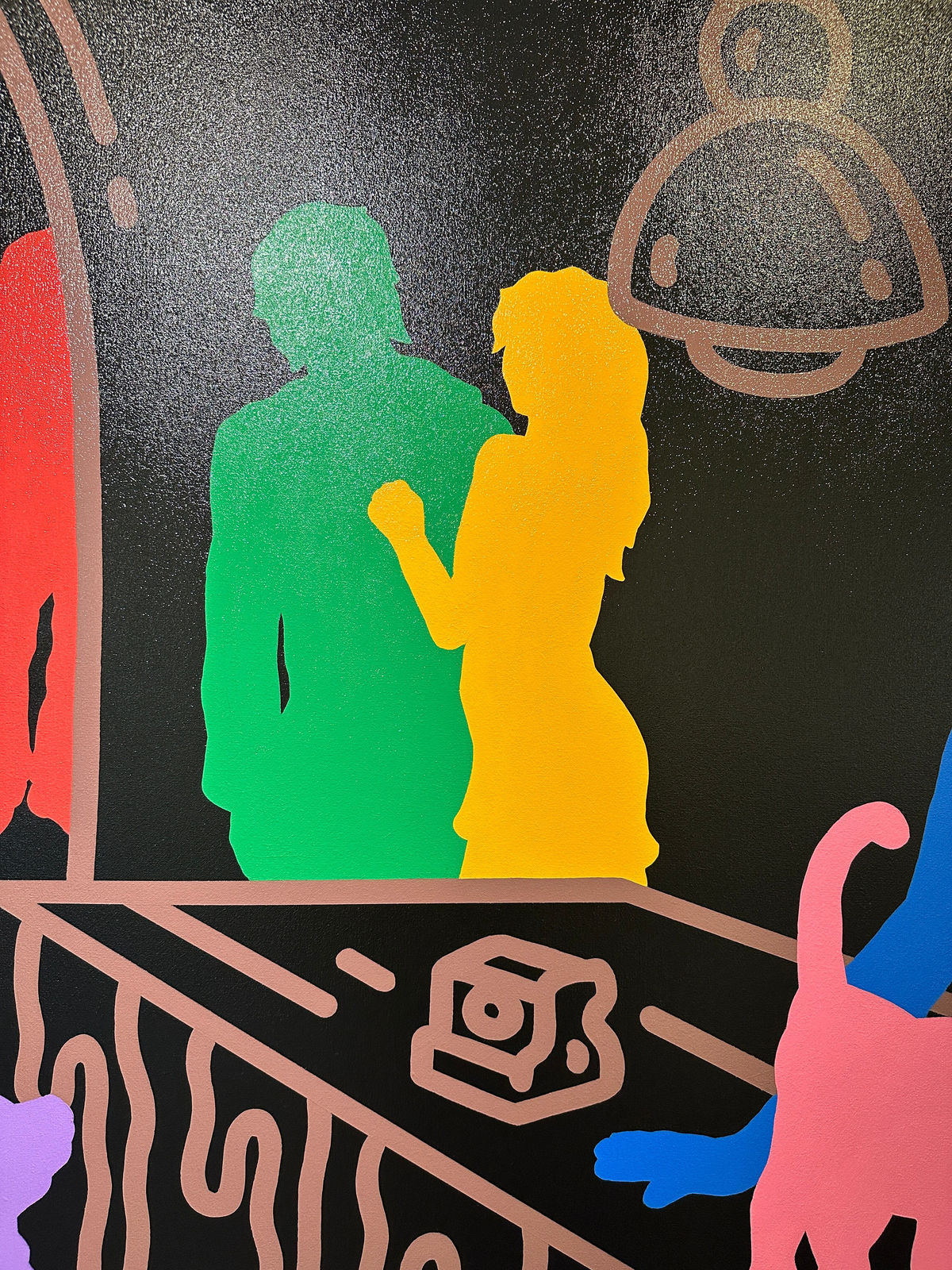 Detail photo of “Can You Keep A Secret”, painting by Chance Cooper artist from United States, based in LA. Available at Carousel Fine Art Miami. The artist's technique with oil on canvas celebrates the sacred art of storytelling, with each painting evoking the sense of a page torn from one’s life. His work is recognized as a playground where his characters reveal their existential secrets. Colors of this work : Blue, Green, Purple, Pink, Orange, Brown, Black