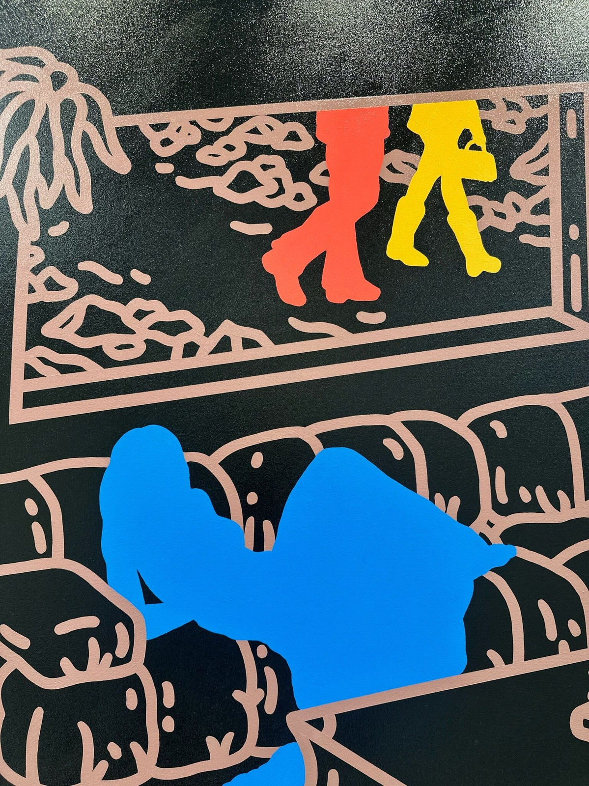 Detail photo of “Better Late Than Never”, painting by Chance Cooper artist from United States, based in LA. Available at Carousel Fine Art Atlanta. The artist's technique with oil on canvas celebrates the sacred art of storytelling, with each painting evoking the sense of a page torn from one’s life. His work is recognized as a playground where his characters reveal their existential secrets. Colors of this work : Blue, Green, Pink, Orange, Yellow, Purple, Brown, Black