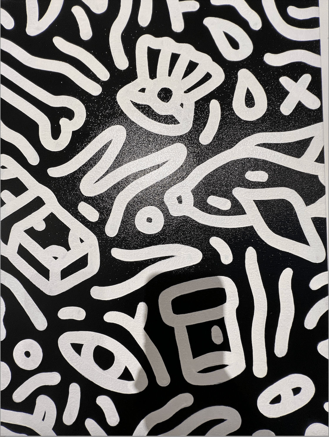 Detail photo of “Night in St. Tropez”, painting by Chance Cooper artist from United States, based in LA. Available at Carousel Fine Art Atlanta. The artist's technique with oil on canvas celebrates the sacred art of storytelling, with each painting evoking the sense of a page torn from one’s life. His work is recognized as a playground where his characters reveal their existential secrets. Colors of this work : Black, White