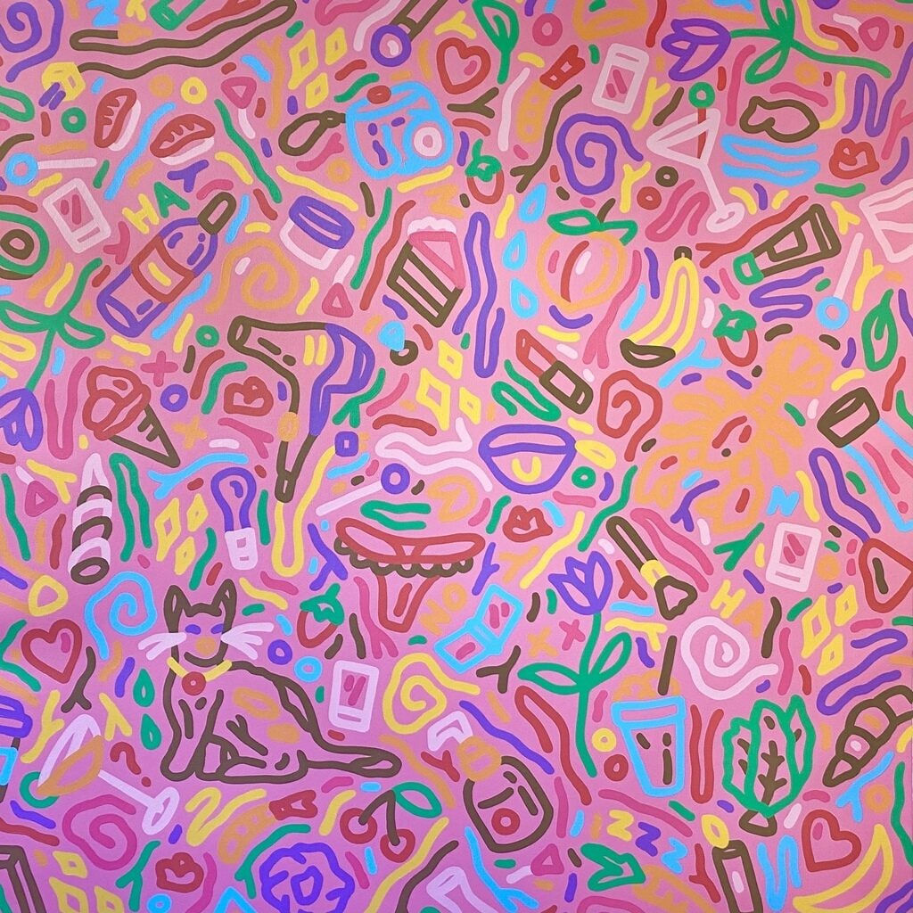 “Good Girl,” , painting by Chance Cooper artist from United States, based in LA. Available at Carousel Fine Art Miami. The artist's technique with oil on canvas celebrates the sacred art of storytelling, with each painting evoking the sense of a page torn from one’s life. His work is recognized as a playground where his characters reveal their existential secrets. Colors of this work : Blue, Green, Purple, Pink, Orange, Red, Yellow, Brown