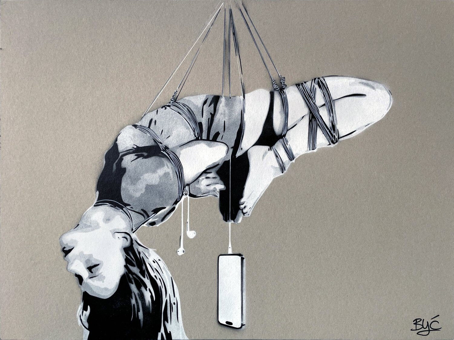 “Bound by Digital”, mixed media work on recycled card stock by BYC artist, from Switzerland. Available at Carousel Fine Art Miami.