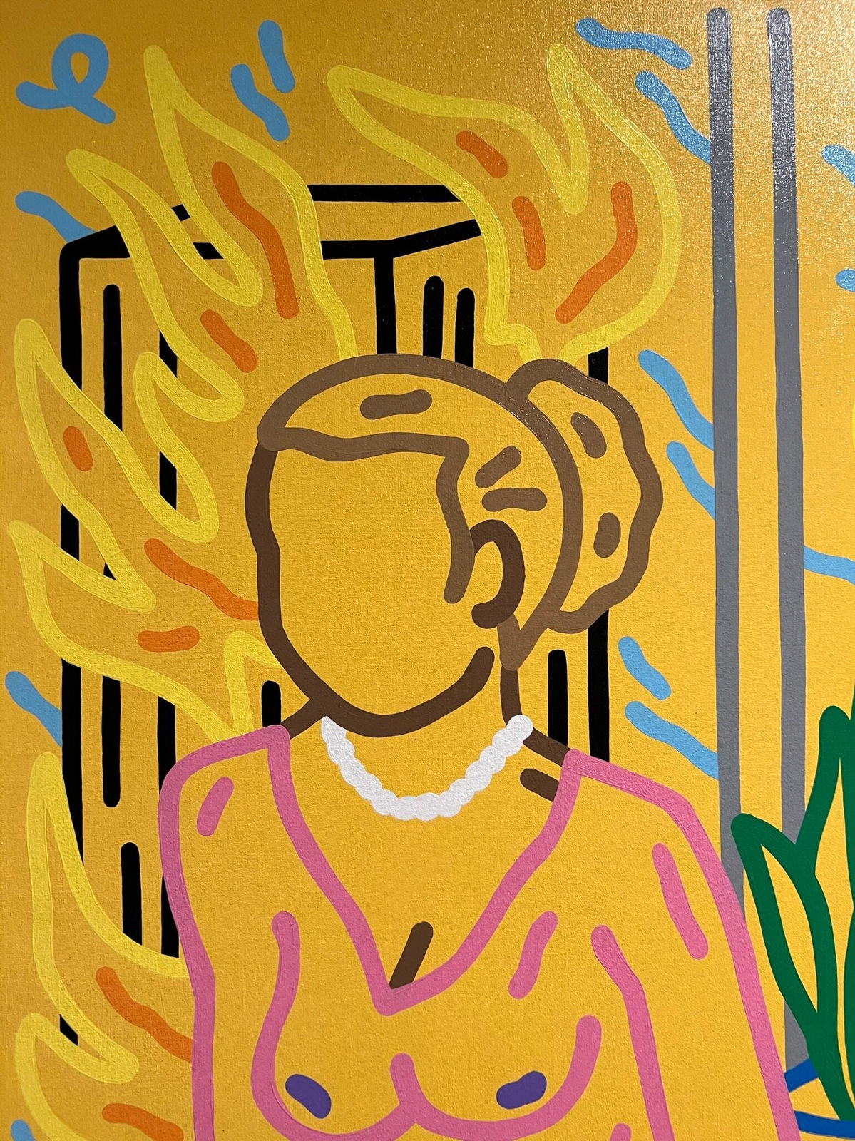 Detail photo of “Poor Devil Couldn't Get Fired” , painting by Chance Cooper artist from United States, based in LA. Available at Carousel Fine Art Miami. The artist's technique with oil on canvas celebrates the sacred art of storytelling, with each painting evoking the sense of a page torn from one’s life. His work is recognized as a playground where his characters reveal their existential secrets. Colors of this work : Blue, Green, Purple, Pink, Orange, Red, Yellow, Brown, Black, White