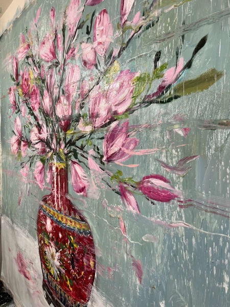 Detail photo of “Passion” painting by Eric Alfaro artist from Cuba, based in the United States. Available at Carousel Fine Art Atlanta. The artist’s technique transforms acrylic paint with his spatula into unforgettable imagery. His impasto texture captivates, while his use of color and contrast adds striking depth. Colors of this work : Grey, Green, Red, Yellow, Blue, Aqua, Pink, Magenta, Purple, Brown, Black, White