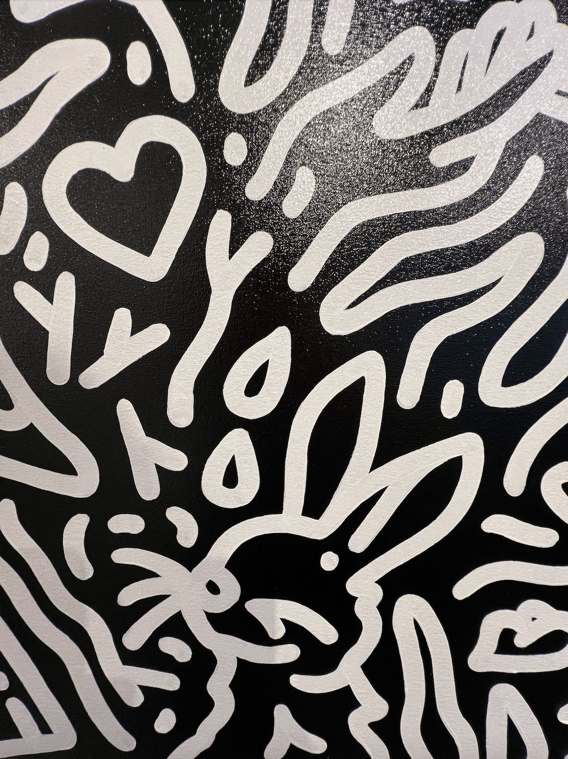 Detail photo of “Night in St. Tropez”, painting by Chance Cooper artist from United States, based in LA. Available at Carousel Fine Art Atlanta. The artist's technique with oil on canvas celebrates the sacred art of storytelling, with each painting evoking the sense of a page torn from one’s life. His work is recognized as a playground where his characters reveal their existential secrets. Colors of this work : Black, White