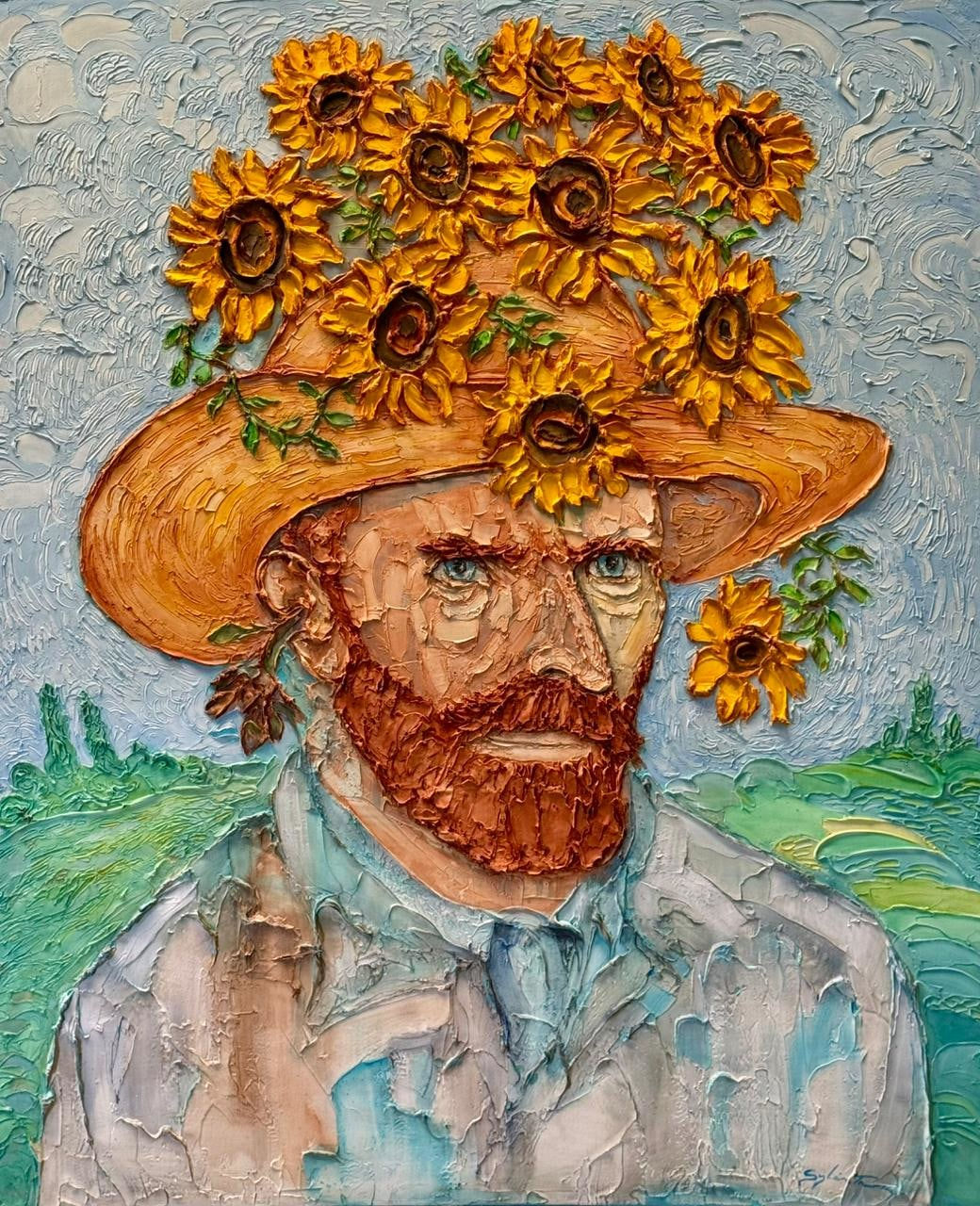“Van Gogh and Sunflowers”, sculptural painting by Sylvain Tremblay artist from Quebec, Canada, based in Dubai. Available at Carousel Fine Art, West Palm Beach.