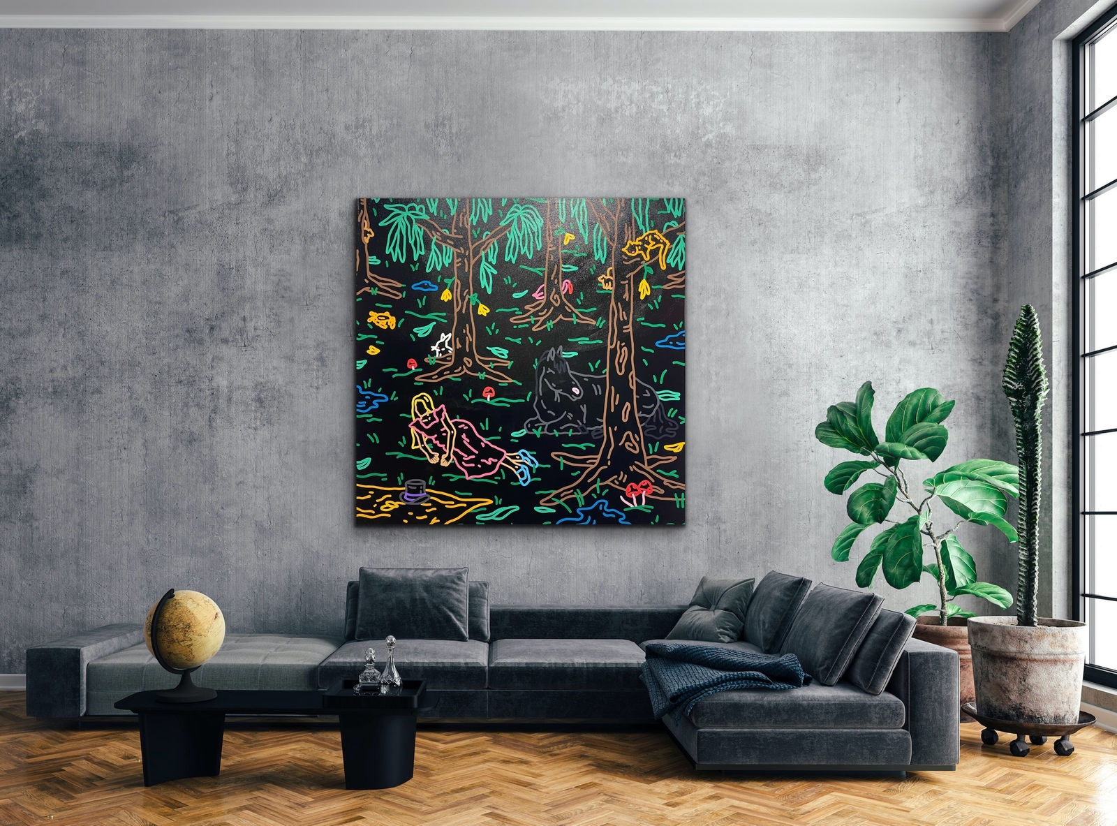 “Waking Up In Wonderland” , painting by Chance Cooper artist from United States, based in LA. Available at Carousel Fine Art Miami. The artist's technique with oil on canvas celebrates the sacred art of storytelling, with each painting evoking the sense of a page torn from one’s life. His work is recognized as a playground where his characters reveal their existential secrets. Colors of this work : Blue, Green, Purple, Pink, Orange, Red, Yellow, Brown, Black, Grey, White