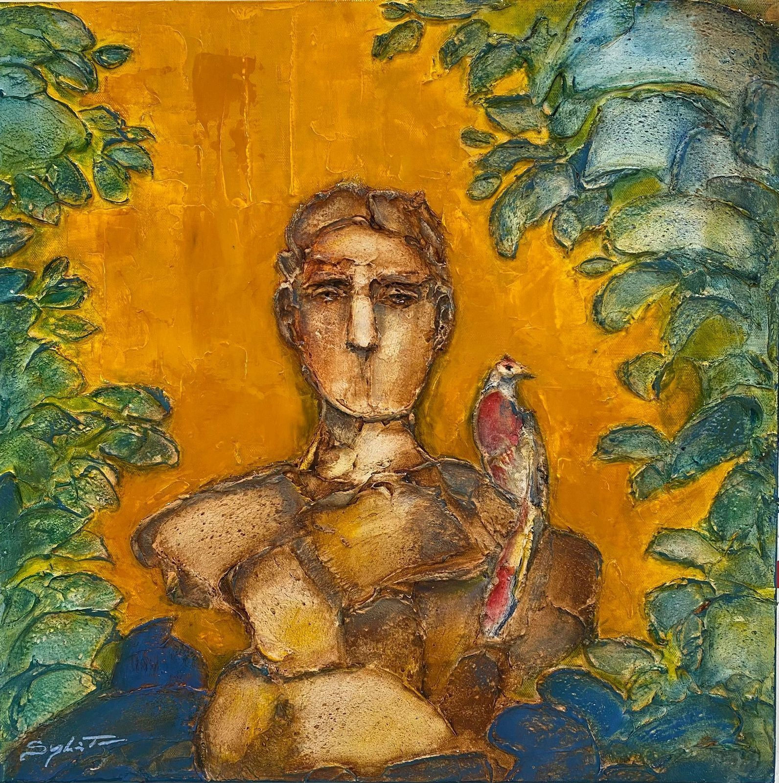 “Mon Quetzal”, sculptural painting by Sylvain Tremblay artist from Quebec, Canada, based in Dubai. Available at Carousel Fine Art Miami. The artist's technique involves mastering texture in painting, using modeling paste, acrylic, and sculptural elements with a glossy varnish. His works are infused with the essence of nature and humanity, showcasing his mastery of texture and form. Colors of this work : Orange, Brown, Green, Blue, Red