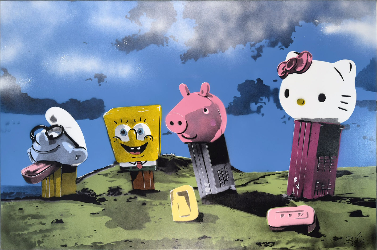 “Pez Moaï”, mixed media on recycled card stock by BYC artist, from Switzerland. Available at Carousel Fine Art Atlanta