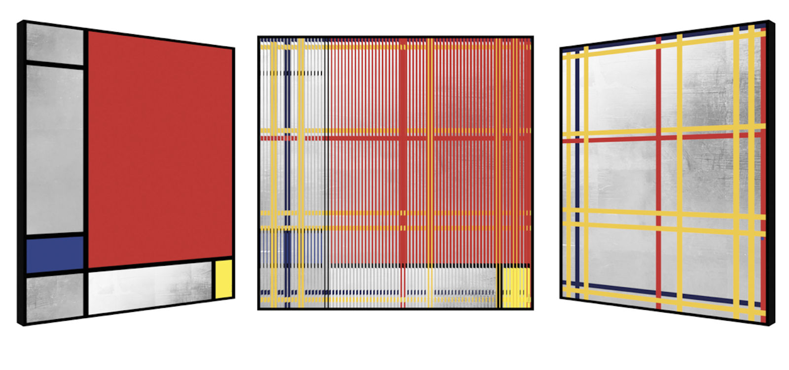 “Numéro III”, mixed media kinetic artwork by Patrick Rubinstein artist from France. Available at Carousel Fine Art Atlanta. The artist’s technique layers and fuses images on panels, creating an illusion of movement as the viewer shifts their perspective. These three-dimensional works blend Pop art with Optical and Kinetic art, characterized by vibrant, eclectic imagery that often includes iconic figures and symbols from popular culture, cinema, and history. Colors of this work : Blue, Red, Yellow, Orange, White, Grey, Black