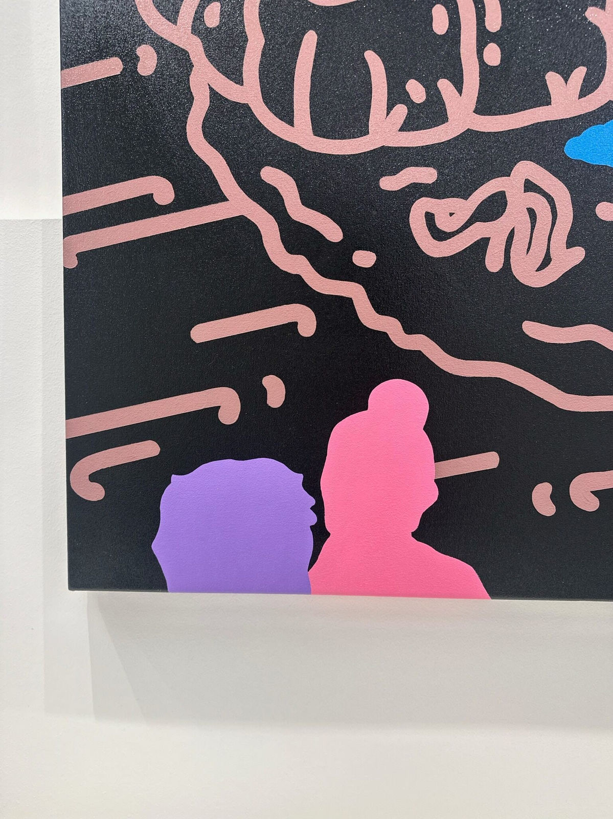 Detail photo of “Better Late Than Never”, painting by Chance Cooper artist from United States, based in LA. Available at Carousel Fine Art Atlanta. The artist's technique with oil on canvas celebrates the sacred art of storytelling, with each painting evoking the sense of a page torn from one’s life. His work is recognized as a playground where his characters reveal their existential secrets. Colors of this work : Blue, Green, Pink, Orange, Yellow, Purple, Brown, Black