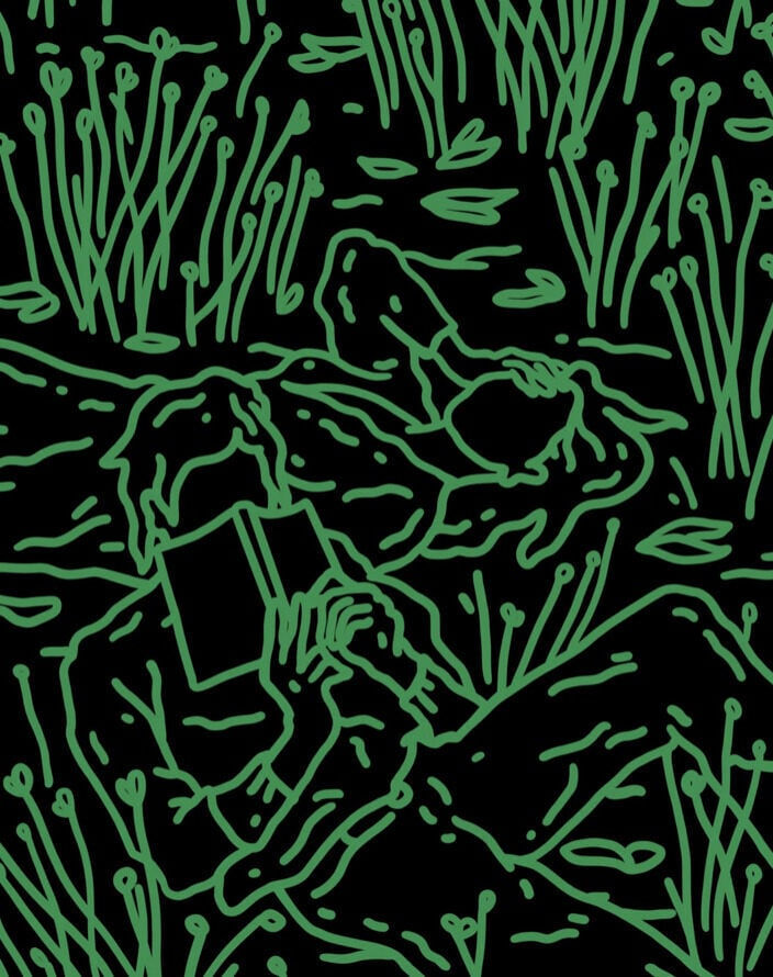 “Falling”, painting by Chance Cooper artist from United States, based in LA. Available at Carousel Fine Art Atlanta. The artist's technique with oil on canvas celebrates the sacred art of storytelling, with each painting evoking the sense of a page torn from one’s life. His work is recognized as a playground where his characters reveal their existential secrets. Colors of this work : Black, Green