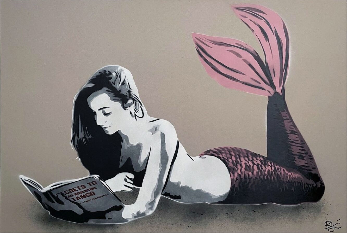 Detail photo of “Mermaid Tango Dream”, mixed media work on recycled card stock by BYC artist, from Switzerland. Available at Carousel Fine Art Miami. With a reimagined vision of Street and Contemporary Art, the artist's technique involves spray paint and acrylic marker. This artwork invites us to reflect on our own dreams and the paths to achieving them, even when they appear out of reach. Colors of this work : Grey, Black, White, Pink
