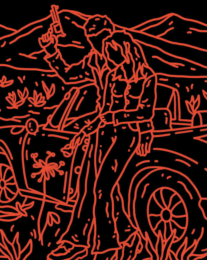 “The Spider Lilly”, painting by Chance Cooper artist from United States, based in LA. Available at Carousel Fine Art Atlanta. The artist's technique with oil on canvas celebrates the sacred art of storytelling, with each painting evoking the sense of a page torn from one’s life. His work is recognized as a playground where his characters reveal their existential secrets. Colors of this work : Black, Red