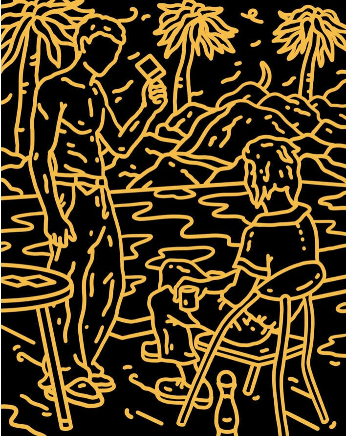 “When the Sun Goes Down”, painting by Chance Cooper artist from United States, based in LA. Available at Carousel Fine Art Atlanta. The artist's technique with oil on canvas celebrates the sacred art of storytelling, with each painting evoking the sense of a page torn from one’s life. His work is recognized as a playground where his characters reveal their existential secrets. Colors of this work : Black, Yellow