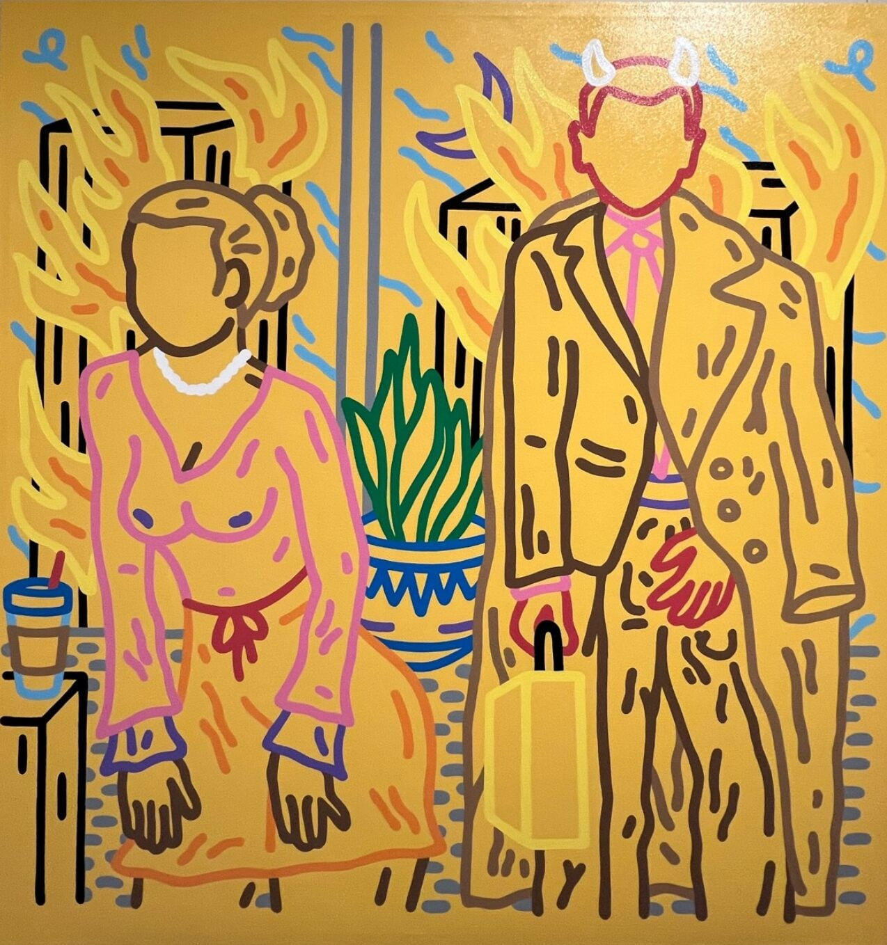 “Poor Devil Couldn't Get Fired” , painting by Chance Cooper artist from United States, based in LA. Available at Carousel Fine Art Miami. The artist's technique with oil on canvas celebrates the sacred art of storytelling, with each painting evoking the sense of a page torn from one’s life. His work is recognized as a playground where his characters reveal their existential secrets. Colors of this work : Blue, Green, Purple, Pink, Orange, Red, Yellow, Brown, Black, White