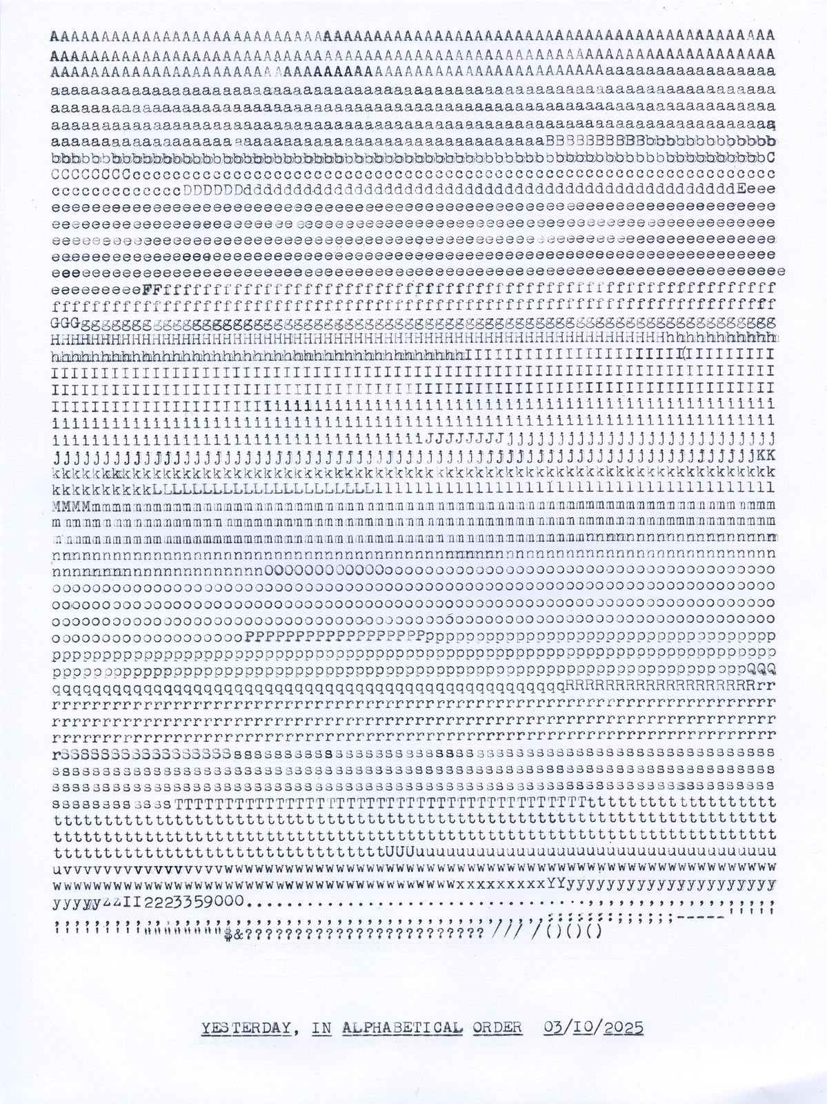Lenka Clayton, Yesterday, Alphabetical in the series "Typewriter Drawings", 2025