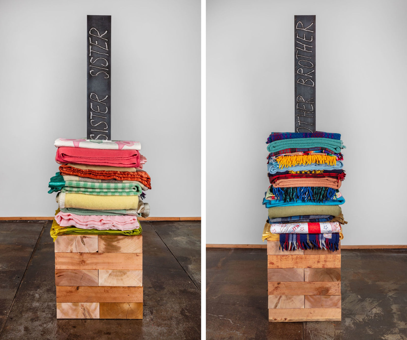 Marie Watt, Skywalker/Skyscraper: Forest (Sister) and Skywalker/Skyscraper: Forest (Brother), 2021